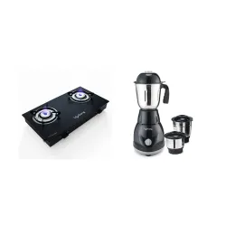 Lifelong 2-Burner Glass Gas Stove & 500W Mixer Grinder Combo (Black)