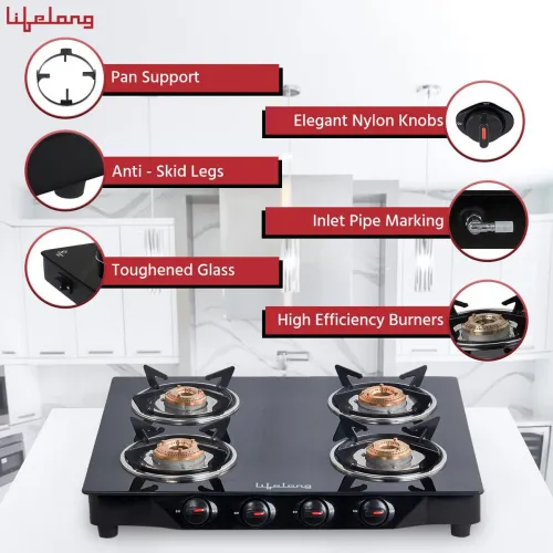 Image of Lifelong ISI Certified Glass Manual Gas Stove  (4 Burners)