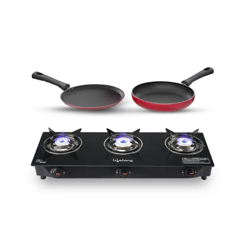 Image of Lifelong LLCMBGS03 Manual Ignition 3 Burner Glass Gas stove For LPG Use with Dosa Tawa and Fry Pan combo 