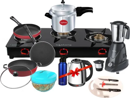 Image of Lifelong LLCMBGS07 Family Pack Combo Glass Manual Gas Stove  (3 Burners)