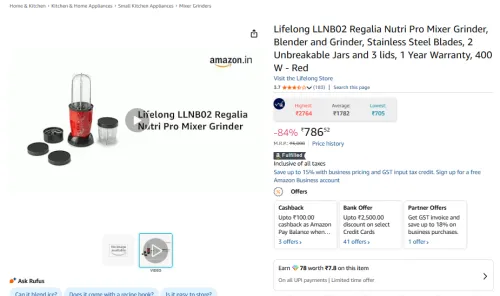 Image of Lifelong LLNB02 Regalia Nutri Pro Mixer Grinder, Blender and Grinder, Stainless Steel Blades, 2 Unbreakable Jars and 3 l