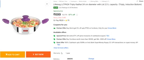 Image of Lifelong LLTPK24 Triply 24 cm Kadhai with Lid, 2.5 L