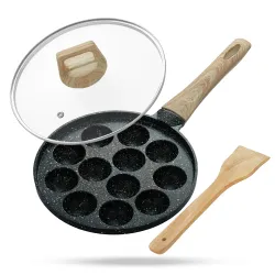 Lifelong Diecast Aluminum Paniyaram Pan | 12 Pits, 1.5kg | 0.54L | 25cm Diameter |Pan with Glass Lid & Wooden-Finish Han