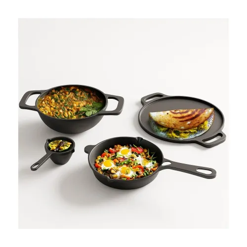 Image of Lifelong Cast Iron Cookware Combo Set | 4-Piece Pre-Seasoned - Tawa (30cm), Kadhai (24cm), Fry Pan (20cm) & Tadka Pan | 