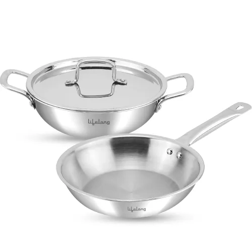 Image of Lifelong Triply 3 piece cookware Set Fry Pan (1.25L)+ 22cm Triply Kadhai (2L) +Common Steel Lid 