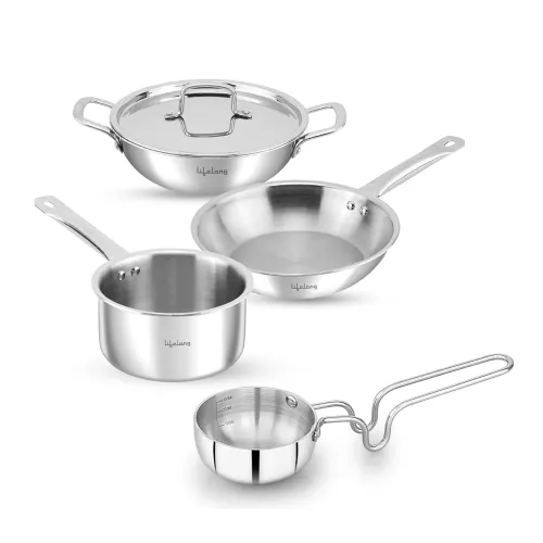 Image of Lifelong Triply Kadai, Frypan, Saucepan & Tadka Pan for Cooking | 20cm Kadai (1.7L)& Fry Pan (1.2L) 20cm| 14cm Saucepan 