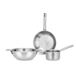 Lifelong Triply 3-piece cookware Set | Kadai, Frypan & Saucepan for Cooking | Stainless Steel 22 cm Kadai & Fry Pan 22 cm | 14 cm Sauce Pan | Induction Bottom & Gas Stove Cookware (LLTP3PCS)