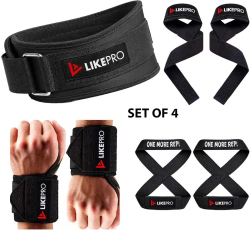 Image of LIKEPRO Kit Set of 4 Weightlifting Belt Wrist Wraps Lifting Straps & Figure 8 Straps Weight Lifting Belt