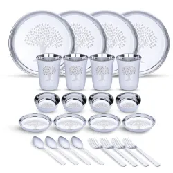 Limetro Steel Stainless Steel Dinner Set for 4 Persons | Complete Indian Thali Set with Plates, Bowls/Katori, Glass, Spo