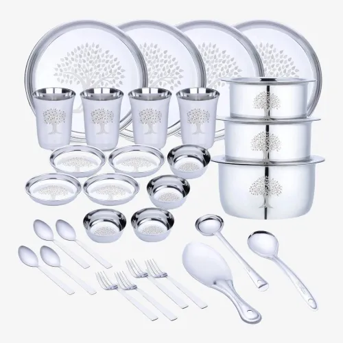 Image of LIMETRO STEEL Pack of 33 Stainless Steel Laser Printed Serves 4 Dinner Set (Silver)