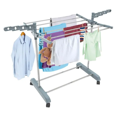 Image of LiMETRO STEEL Single Pole Cloth Drying Stand Foldable and Portable with Wheels and 360 Rotating Hangers
