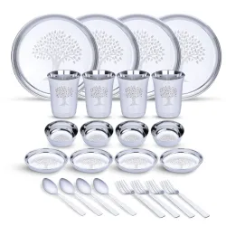 Limetro Steel Stainless Steel Dinner Set for 4 Persons | Complete Indian Thali Set with Plates, Bowls/Katori, Glass, Spoon & Fork | Tree Design Steel Dinnerware for Home (Set of 24- Serves 4...
