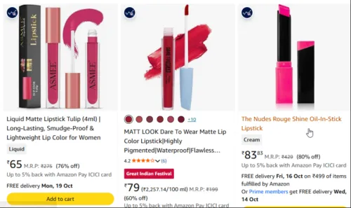 Image of Lipsticks at minimum 80% Discount