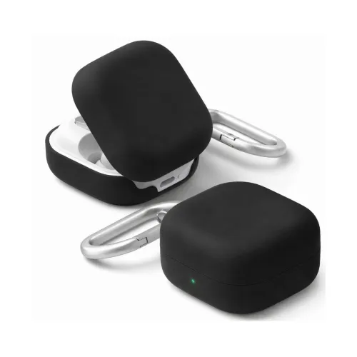 Image of Liquid Silicone Case Cover for Samsung Galaxy Buds 4 and 4 Pro with Heavy Duty Carabiner (Black, Silicone)