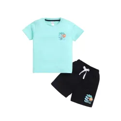 LITTLE NINJA Cotton Half Sleeves Beach Theme Printed Coordinating Tee & Shorts Set - Green & Black