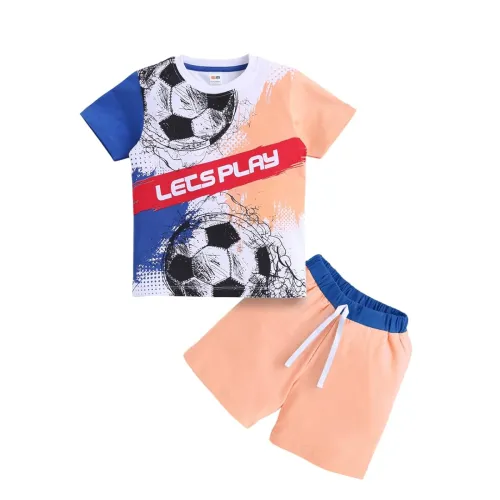 Image of LITTLE NINJA Pure Cotton Knee Length Half Sleeve Football Printed Tee & Shorts Set - Peach 0-6M
