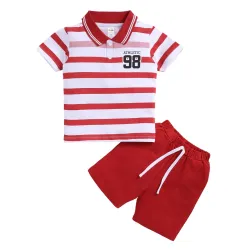 LITTLE NINJA Pure Cotton Knee Length Half Sleeve Strip Themed Tee & Shorts Set