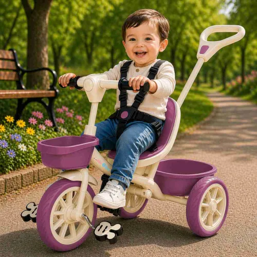 Image of Little Olive Kids Tricycle with Parent Handle, Safety Harness & Basket