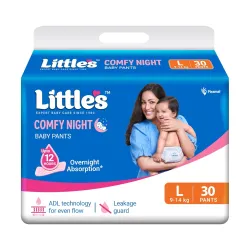 Littles Baby Diapers L Size (Large) Pants Style | 9-14 kg | 30 Count | Comfy Nights Baby Diaper Pants with Leakage Guar