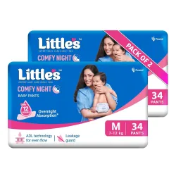 Little's Baby Diapers M Size (Medium) Pants Style | 7-12 kg | 68 Count | Comfy Nights Baby Diaper Pants with Leakage Guard & Upto 12 Hours Absorption (34 Count, Pack of 2)