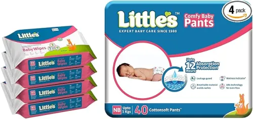 Image of Little's Soft Cleansing Baby Wipes (80 wipes) pack of 4 & Baby Pants Diapers New Born, White, upto 5 kgs, 40 Count