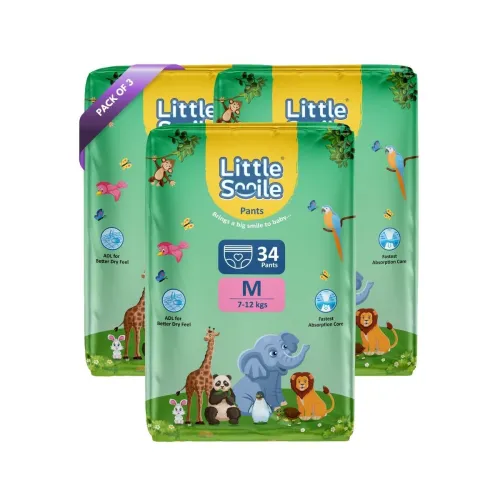 Image of Little Smile Baby Diapers Pant Style | Medium (M) Size | Ideal for 7-12 Kgs Baby | 102 Count- Odorless and Antibacterial