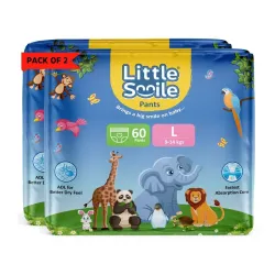 Little Smile Baby Diapers Pant Style | Large (L) Size | Ideal for 9-14 Kgs Baby | 120 Count- Odorless and Antibacterial 