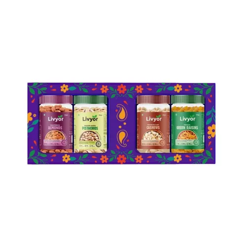 Image of Livyor Premium Dry Fruits Combo Pack for eating - 400g | 100g each | Cashews, Pistachios, Almonds, Green Raisins | Famil