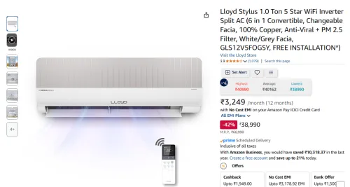 Image of Lloyd (GLS12V5FOGSY) 1 Ton 5 Star WiFi Inverter Split AC (Convertible, Changeable Facia)