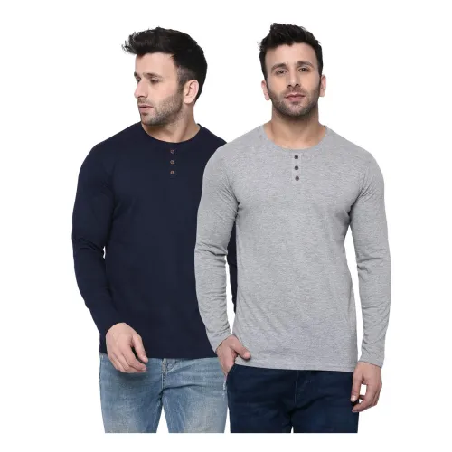 Image of London Hills Men Solid Full Sleeve Cotton Blend Round Neck Regular Fit T-Shirt Pack Of 2 