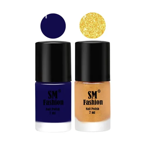Image of Long Lasting Nail Polish | Nail Paint Combo 7 ml Each) - Set of 2 Dark Blue-Light Golden