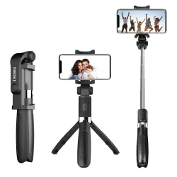 Long Selfie Stick with Tripod Stand, Extendable Tripod for Mobile Phone, 3-in-1 Multifunctional Selfie Stick, Bluetooth Remote & Tripod Stand for Vlogging, Black