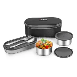 LONGWAY Craveo Stainless Steel Lunch Box with 3 Containers 2 Round 300ml Each & 1 Oval 500ml 