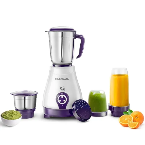 Image of Longway Mix Pro 550 Watt Mixer Grinder with 4 Jars for Grinding, Mixing, Blending, Juicing with Powerful Motor (Purple, 