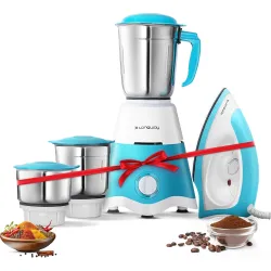 Longway Super Dlx Mixer Grinder with Kwid 1100W Dry Iron | 500 Watt Powerful Motor | 3 Jars for Grinding, Mixing, Juicing | 2 Year Warranty (Blue & White, Combo Offer)