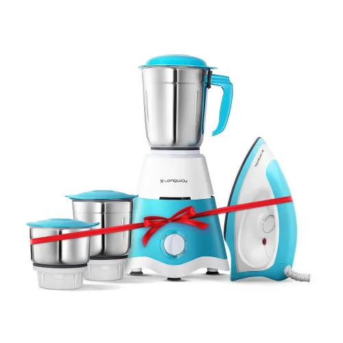 Image of Longway Super Dlx Mixer Grinder with Kwid 1100W Dry Iron | 500 Watt Powerful Motor | 3 Jars for Grinding, Mixing, Juicin