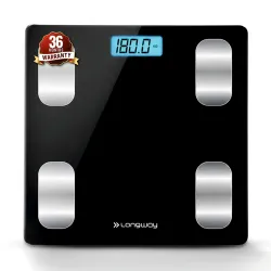 Longway Weight Machine for Home | Digital Bathroom Scale for Human Body Weight Measurement | Extra Thick Tempered Glass with LCD Display | 3 Years Warranty (Black | Max Weight 180Kgs | Core)