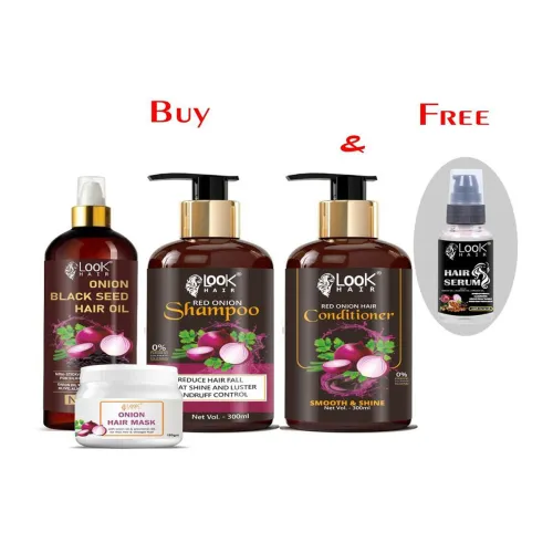 Image of LOOK HAIR Set Of 5 Onion Hair Oil + Shampoo + Conditioner + Serum + Hair Mask - 980ml