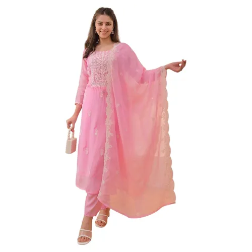 Image of LookMark Women's Chanderi Chikankari Kurta Set with Dupatta