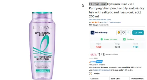 Image of L’Oréal Paris Hyaluron Pure 72H Purifying Shampoo 200ml