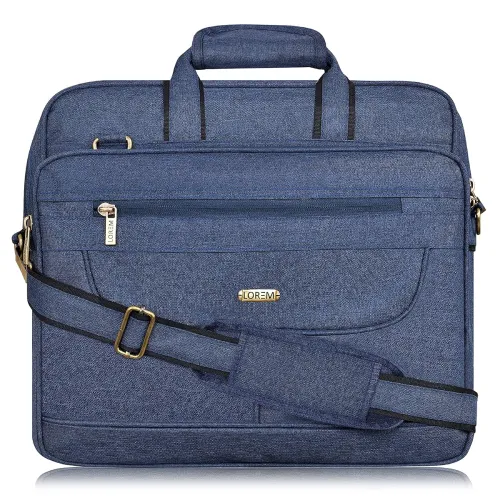 Image of LOREM Unisex Blue Linen Textured Synthetic Laptop Bag