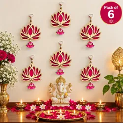 Lotus Hanging for Decoration | Handmade Wall Decor with Jhumki Style | Set of 6 Pink/Rani | Export Quality Lotus Hanging for Home, Temple & Pooja Room | Diwali, Wedding & Festival Decor
