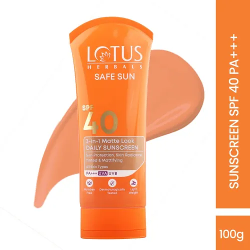 Image of Lotus Herbals SafeSun 3‑in‑1 Matte‑Look Daily Sunscreen SPF 40 PA+++ – 100 g