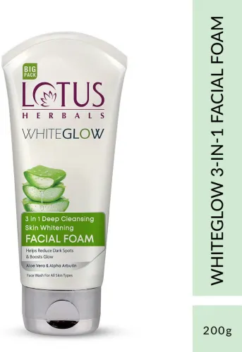 Image of LOTUS HERBALS Whiteglow 3 In 1 Deep Cleaning Skin Whitening Facial Foam, With Milk Enzymes Face Wash (200 g)