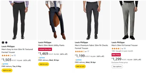 Image of LOUIS PHILIPPE Men's Formal Trouser Min. 80% Discount 
