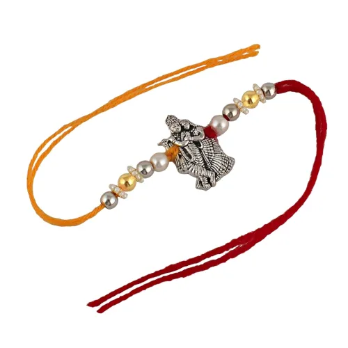 Image of Lucky Jewellery Designer Oxidised Silver Religious Rakhi - Rakshabandhan Radha Krishna Rakhee for Brother/Bhaiya/Bhai/Bh