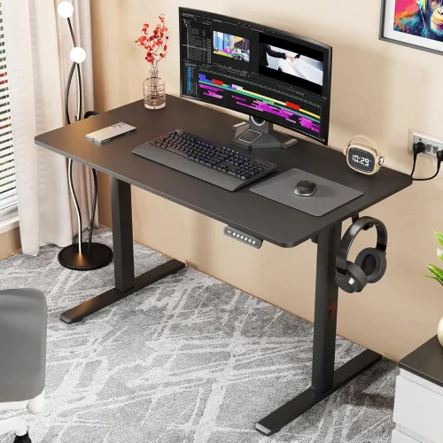 Image of Lukzer Electric Automatic Height Adjustable Sit Stand Desk | Black Frame Black Top | Ergonomic Study Table with Digital 