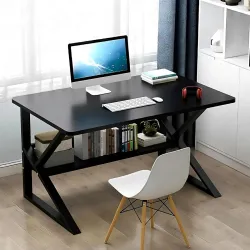 Lukzer Modern Engineered Wood Computer Desk with Built-in Bookshelf