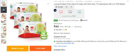 Image of LuvLap Baby Wipes with Aloe Vera 72 wipes × pack of 3, 216 wipes