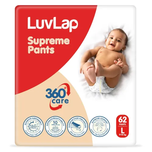 Image of LuvLap Supreme Diaper Pants Large (LG) 9 to 14Kg, 62Pcs, 360° skin care with 10 million breathable pores, Aloe Vera for 